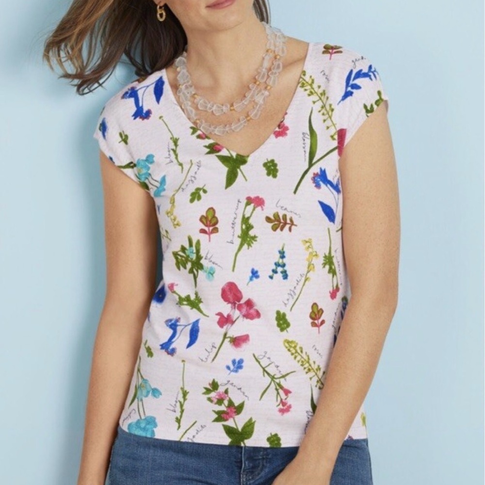 Talbots Sleeveless Sweater V-neck Lightweight Floral Flowers Botanical